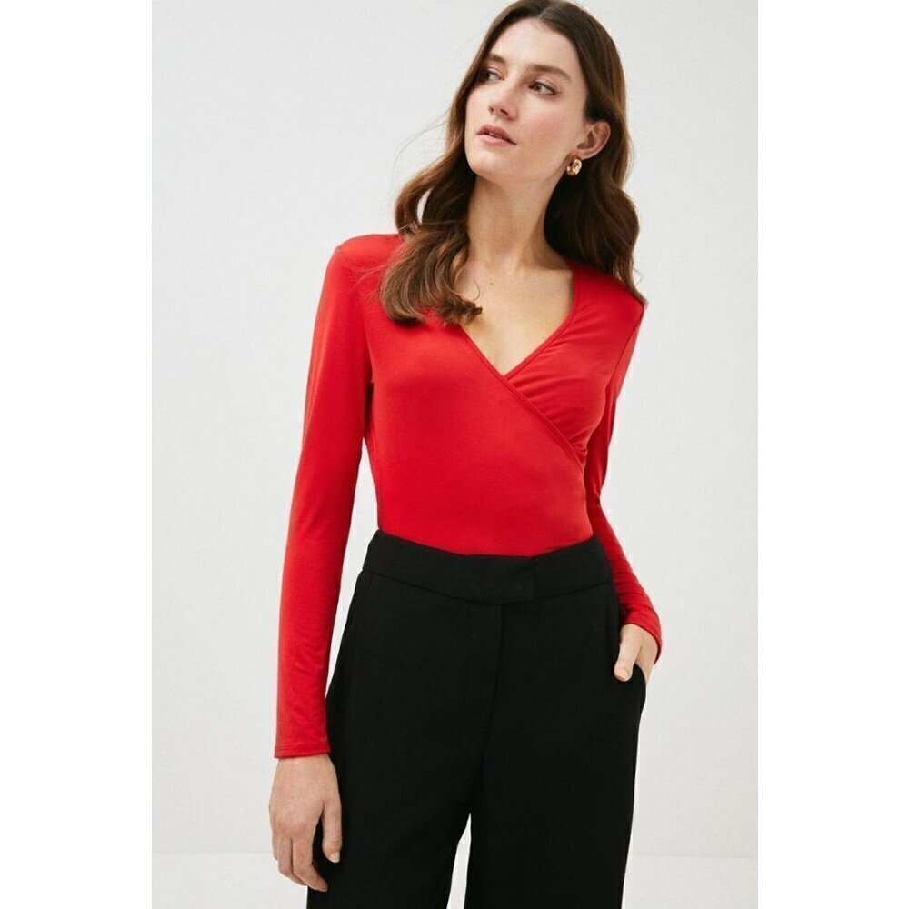 Karen Millen red v neck jersey wrap long sleeve blouse size 4